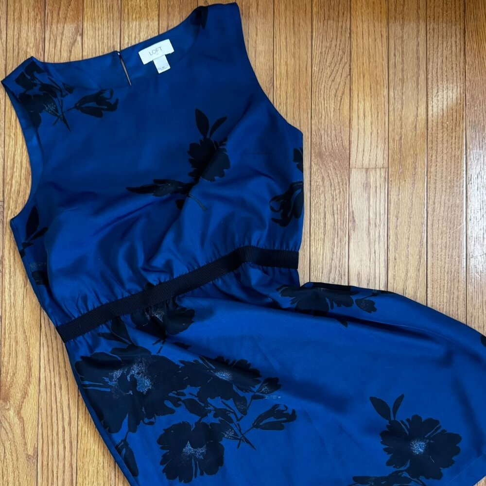 Ann Taylor Loft Navy Floral Shift Dress -- Grosgrain Waist, Fully Lined -- Med